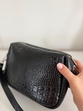 Black Leather Crossbody Bag Croc Embossed Minimalist